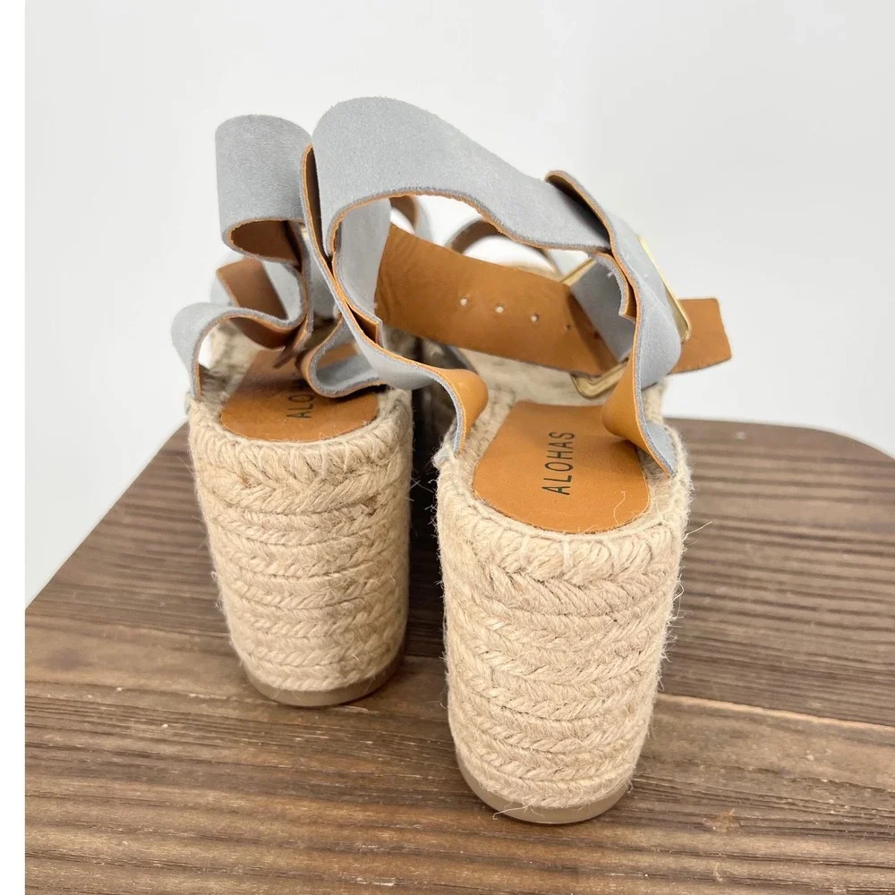 Alohas Kailua Stone Grey Suede Espadrille Platform Wedge Sandals Size 10 NWT